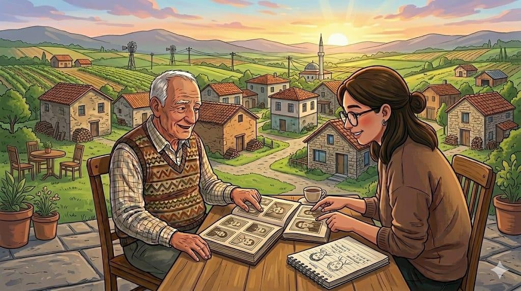 Illustration of an elderly villager sharing old photographs with a young researcher